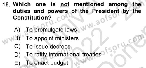 Constitutional Law Dersi 2022 - 2023 Yılı (Final) Dönem Sonu Sınav Soruları 16. Soru