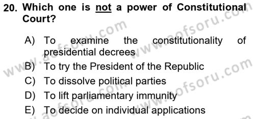 Constitutional Law Dersi 2022 - 2023 Yılı (Final) Dönem Sonu Sınav Soruları 20. Soru