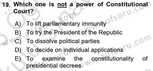 Constitutional Law Dersi 2022 - 2023 Yılı Yaz Okulu Sınav Soruları 19. Soru