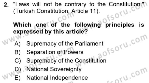Constitutional Law Dersi 2023 - 2024 Yılı (Vize) Ara Sınav Soruları 2. Soru