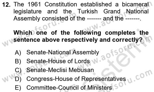 Constitutional Law Dersi 2023 - 2024 Yılı Yaz Okulu Sınav Soruları 12. Soru