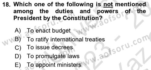 Constitutional Law Dersi 2023 - 2024 Yılı Yaz Okulu Sınav Soruları 18. Soru