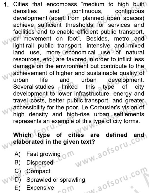 Urban and Enviromental Policy Dersi 2022 - 2023 Yılı Yaz Okulu Sınav Soruları 1. Soru