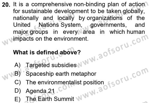 Urban and Enviromental Policy Dersi 2022 - 2023 Yılı Yaz Okulu Sınav Soruları 20. Soru