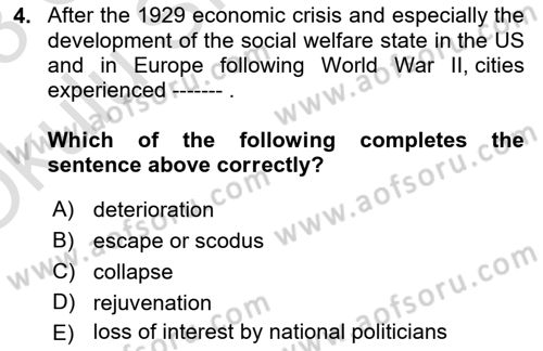 Urban and Enviromental Policy Dersi 2022 - 2023 Yılı Yaz Okulu Sınav Soruları 4. Soru