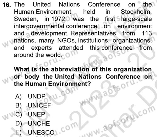 Urban and Enviromental Policy Dersi 2023 - 2024 Yılı (Vize) Ara Sınav Soruları 16. Soru