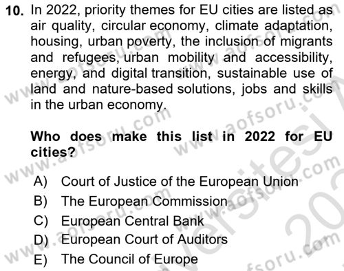 Urban and Enviromental Policy Dersi 2023 - 2024 Yılı (Final) Dönem Sonu Sınav Soruları 10. Soru