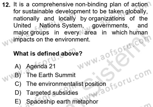 Urban and Enviromental Policy Dersi 2023 - 2024 Yılı (Final) Dönem Sonu Sınav Soruları 12. Soru