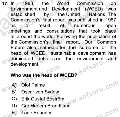 Urban and Enviromental Policy Dersi 2023 - 2024 Yılı (Final) Dönem Sonu Sınav Soruları 17. Soru