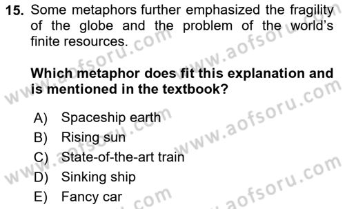 Urban and Enviromental Policy Dersi 2023 - 2024 Yılı Yaz Okulu Sınav Soruları 15. Soru
