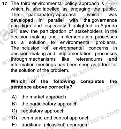 Urban and Enviromental Policy Dersi 2023 - 2024 Yılı Yaz Okulu Sınav Soruları 17. Soru