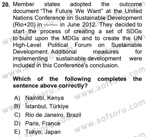 Urban and Enviromental Policy Dersi 2023 - 2024 Yılı Yaz Okulu Sınav Soruları 20. Soru