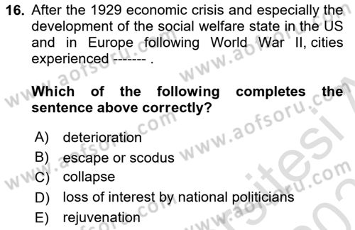 Urban and Enviromental Policy Dersi 2024 - 2025 Yılı (Final) Dönem Sonu Sınav Soruları 16. Soru