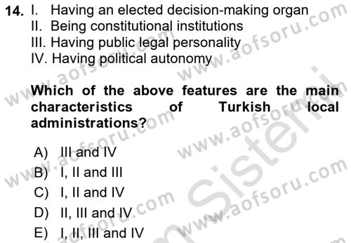 Turkish Public Administration Dersi 2024 - 2025 Yılı (Vize) Ara Sınav Soruları 14. Soru