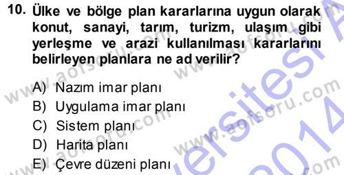 Kentleşme ve Konut Politikaları Dersi 2013 - 2014 Yılı (Vize) Ara Sınavı 10. Soru