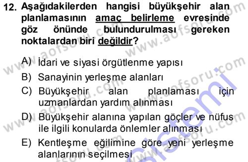 Kentleşme ve Konut Politikaları Dersi Ara Sınavı Deneme Sınav Soruları 12. Soru