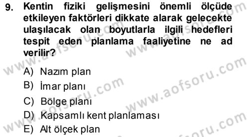Kentleşme ve Konut Politikaları Dersi 2013 - 2014 Yılı (Vize) Ara Sınav Soruları 9. Soru
