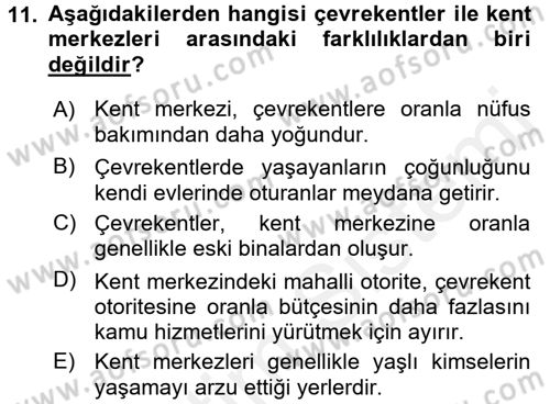 Kentleşme ve Konut Politikaları Dersi 2015 - 2016 Yılı Tek Ders Sınav Soruları 11. Soru