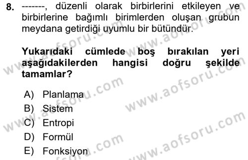 Kentleşme ve Konut Politikaları Dersi 2018 - 2019 Yılı (Vize) Ara Sınav Soruları 8. Soru