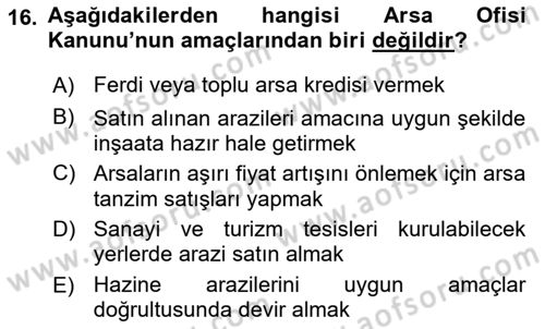 Kentleşme ve Konut Politikaları Dersi 2018 - 2019 Yılı (Final) Dönem Sonu Sınav Soruları 16. Soru