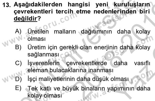Kentleşme ve Konut Politikaları Dersi 2018 - 2019 Yılı Yaz Okulu Sınav Soruları 13. Soru