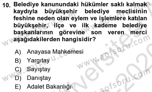 Kentleşme ve Konut Politikaları Dersi 2019 - 2020 Yılı (Final) Dönem Sonu Sınav Soruları 10. Soru