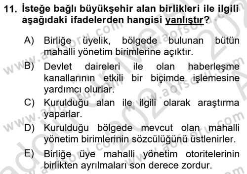 Kentleşme ve Konut Politikaları Dersi Ara Sınavı Deneme Sınav Soruları 11. Soru