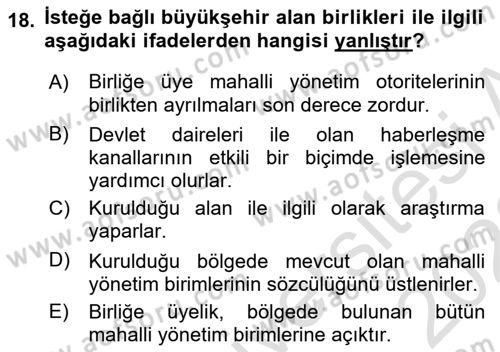 Kentleşme ve Konut Politikaları Dersi 2022 - 2023 Yılı (Vize) Ara Sınavı 18. Soru