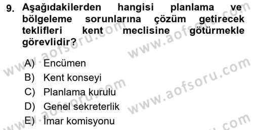Kentleşme ve Konut Politikaları Dersi 2022 - 2023 Yılı Yaz Okulu Sınav Soruları 9. Soru