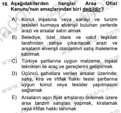 Kentleşme ve Konut Politikaları Dersi 2023 - 2024 Yılı (Final) Dönem Sonu Sınav Soruları 19. Soru