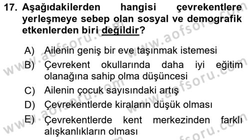 Kentleşme ve Konut Politikaları Dersi 2023 - 2024 Yılı Yaz Okulu Sınav Soruları 17. Soru