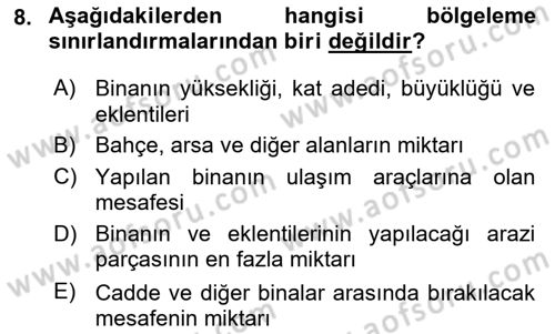 Kentleşme ve Konut Politikaları Dersi 2023 - 2024 Yılı Yaz Okulu Sınav Soruları 8. Soru