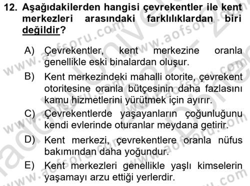 Kentleşme ve Konut Politikaları Dersi 2024 - 2025 Yılı (Final) Dönem Sonu Sınav Soruları 12. Soru