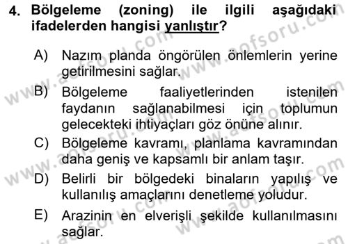 Kentleşme ve Konut Politikaları Dersi 2024 - 2025 Yılı (Final) Dönem Sonu Sınav Soruları 4. Soru