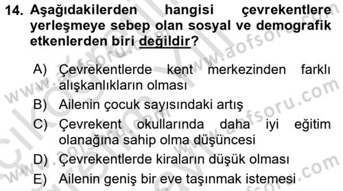 Kentleşme ve Konut Politikaları Dersi 2024 - 2025 Yılı Yaz Okulu Sınav Soruları 14. Soru