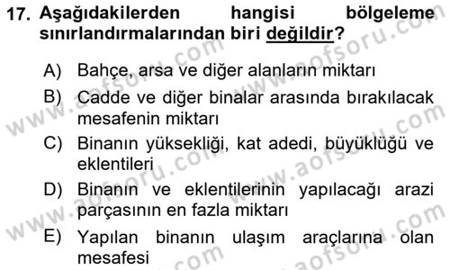 Kentleşme ve Konut Politikaları Dersi 2025 - 2026 Yılı (Vize) Ara Sınav Soruları 17. Soru