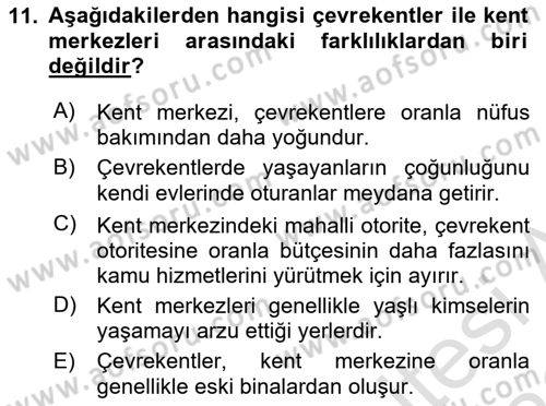 Kentleşme ve Konut Politikaları Dersi 2025 - 2026 Yılı (Final) Dönem Sonu Sınav Soruları 11. Soru