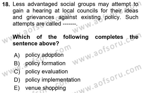 Public Policy Dersi 2023 - 2024 Yılı (Vize) Ara Sınav Soruları 18. Soru