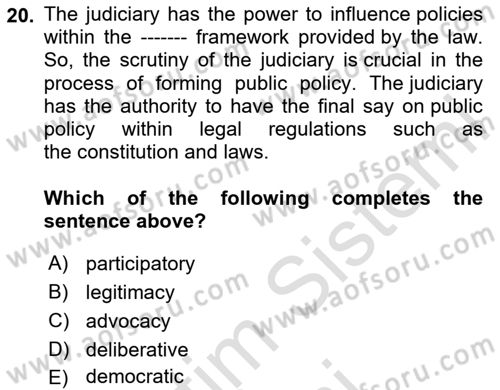 Public Policy Dersi 2024 - 2025 Yılı (Vize) Ara Sınav Soruları 20. Soru