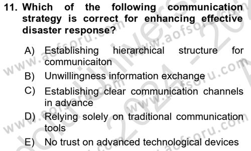 Disaster And Crisis Management Dersi 2024 - 2025 Yılı (Vize) Ara Sınav Soruları 11. Soru
