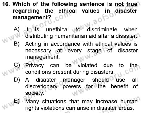 Disaster And Crisis Management Dersi 2024 - 2025 Yılı (Vize) Ara Sınav Soruları 16. Soru