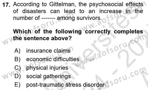 Disaster And Crisis Management Dersi 2024 - 2025 Yılı (Vize) Ara Sınav Soruları 17. Soru