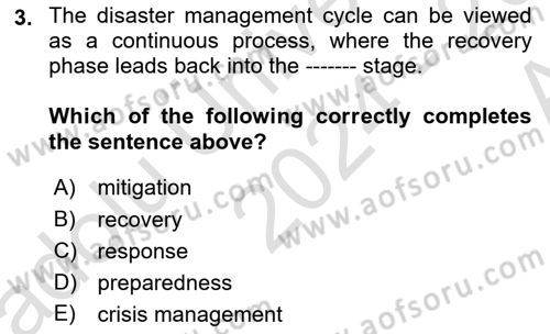 Disaster And Crisis Management Dersi 2024 - 2025 Yılı (Vize) Ara Sınav Soruları 3. Soru