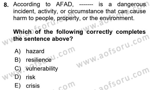 Disaster And Crisis Management Dersi 2024 - 2025 Yılı (Vize) Ara Sınav Soruları 8. Soru