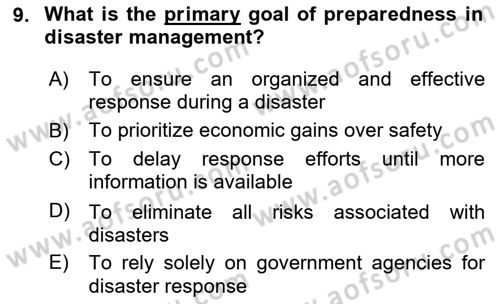 Disaster And Crisis Management Dersi 2024 - 2025 Yılı (Vize) Ara Sınav Soruları 9. Soru