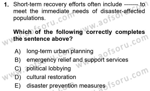 Disaster And Crisis Management Dersi 2024 - 2025 Yılı (Final) Dönem Sonu Sınav Soruları 1. Soru