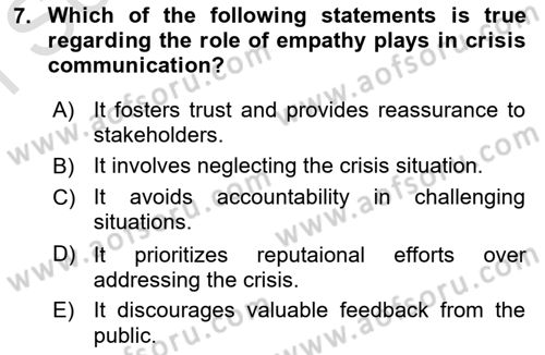 Disaster And Crisis Management Dersi 2024 - 2025 Yılı (Final) Dönem Sonu Sınav Soruları 7. Soru