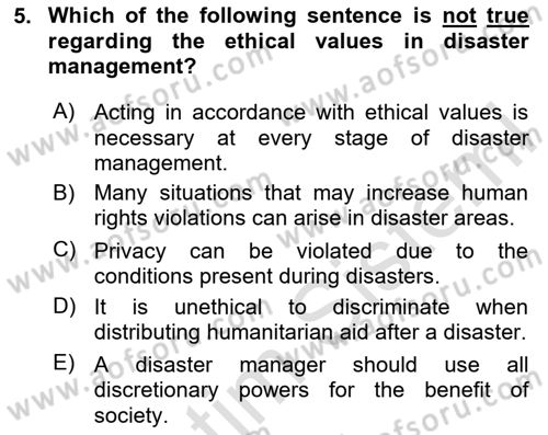 Disaster And Crisis Management Dersi 2024 - 2025 Yılı Yaz Okulu Sınav Soruları 5. Soru
