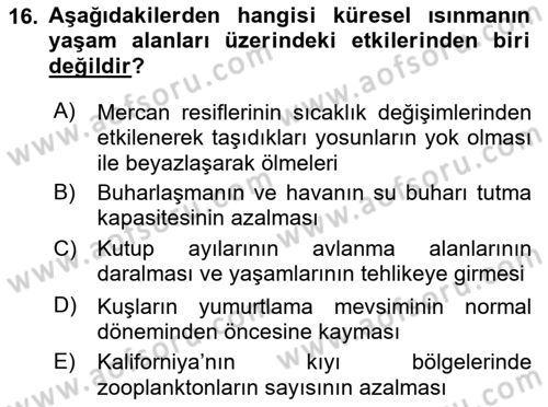 Çevre Sorunları ve Politikaları Dersi 2018 - 2019 Yılı (Vize) Ara Sınav Soruları 16. Soru