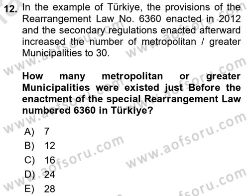 Local Governance Dersi 2024 - 2025 Yılı (Vize) Ara Sınav Soruları 12. Soru
